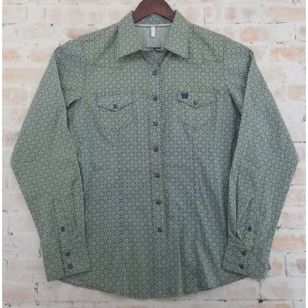 Cinch Women's Large Pearl Snap Long Sleeve Western Cowgirl Shirt Green Geometric
